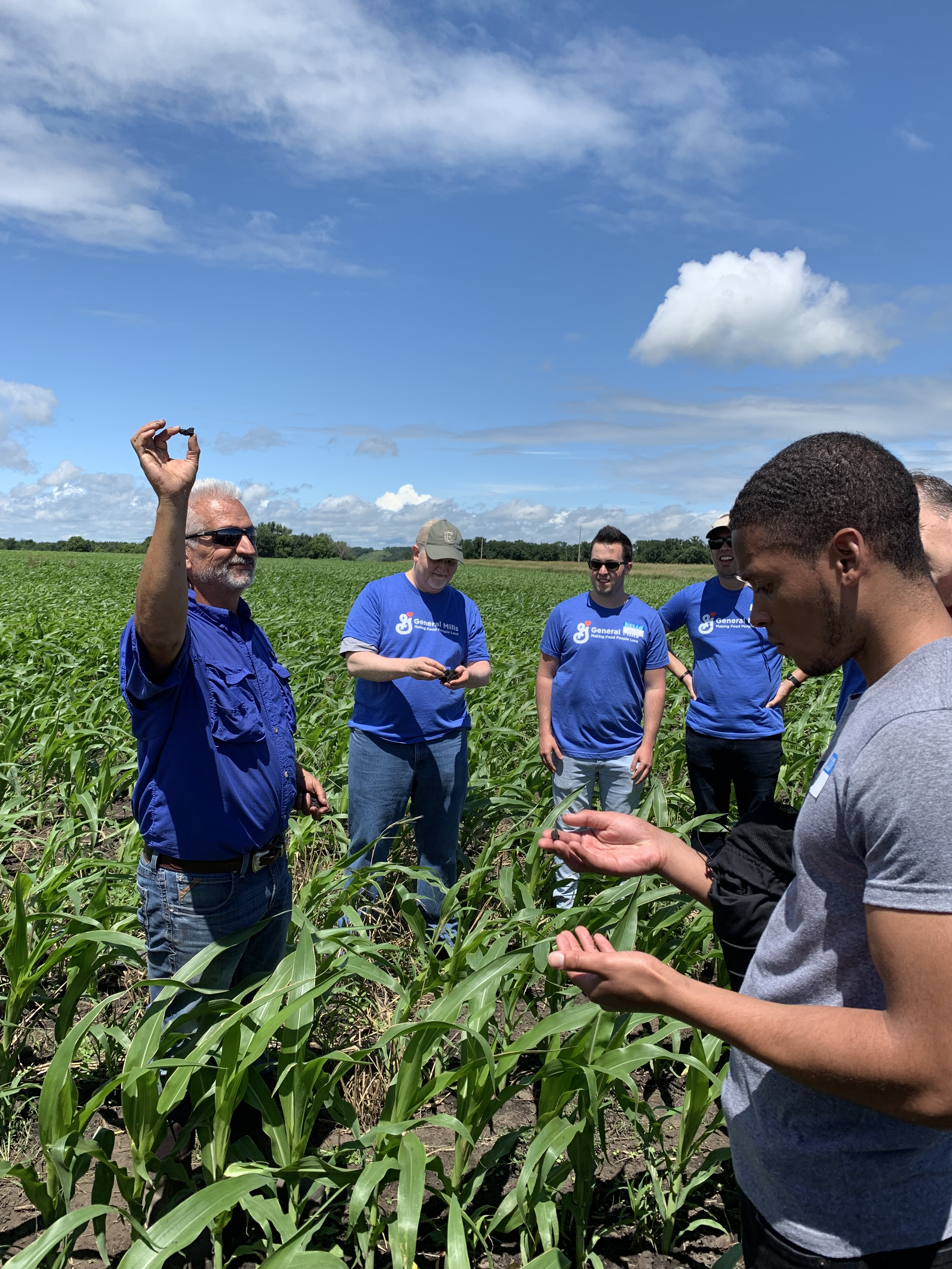 employee inspecting soil in field