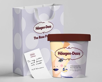 Limited-edition Häagen-Dazs Founders Favorite Vanilla ice cream pint packaging aside branded lilac and white polka-dot bag.