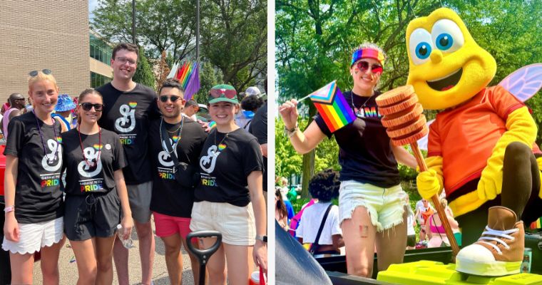 General Mills Employees at Pride parade with General Mills Cheerios Mascot, Buzz Bee.