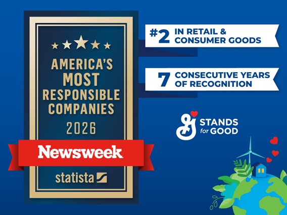 A graphic celebrating General Mills' recognition as one of America's Most Responsible Companies for 2026 by Newsweek and Statista. The central gold plaque highlights "America's Most Responsible Companies 2026" with a red Newsweek banner. To the right, text states "#2 in Retail & Consumer Goods" and "7 Consecutive Years of Recognition." Below these, the General Mills "G Stands for Good" logo is displayed. The bottom right features a stylized Earth with a house, a wind turbine, and green plants, with red hearts floating upwards, symbolizing sustainability and positive impact.