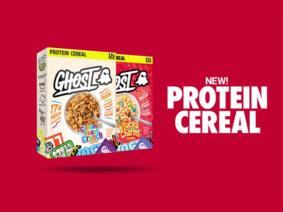GHOST® PROTEIN CEREAL x CINNAMON TOAST CRUNCH™ and GHOST® PROTEIN CEREAL x LUCKY CHARMS™ featured on a bright red background with the words “New! Protein Cereal”)