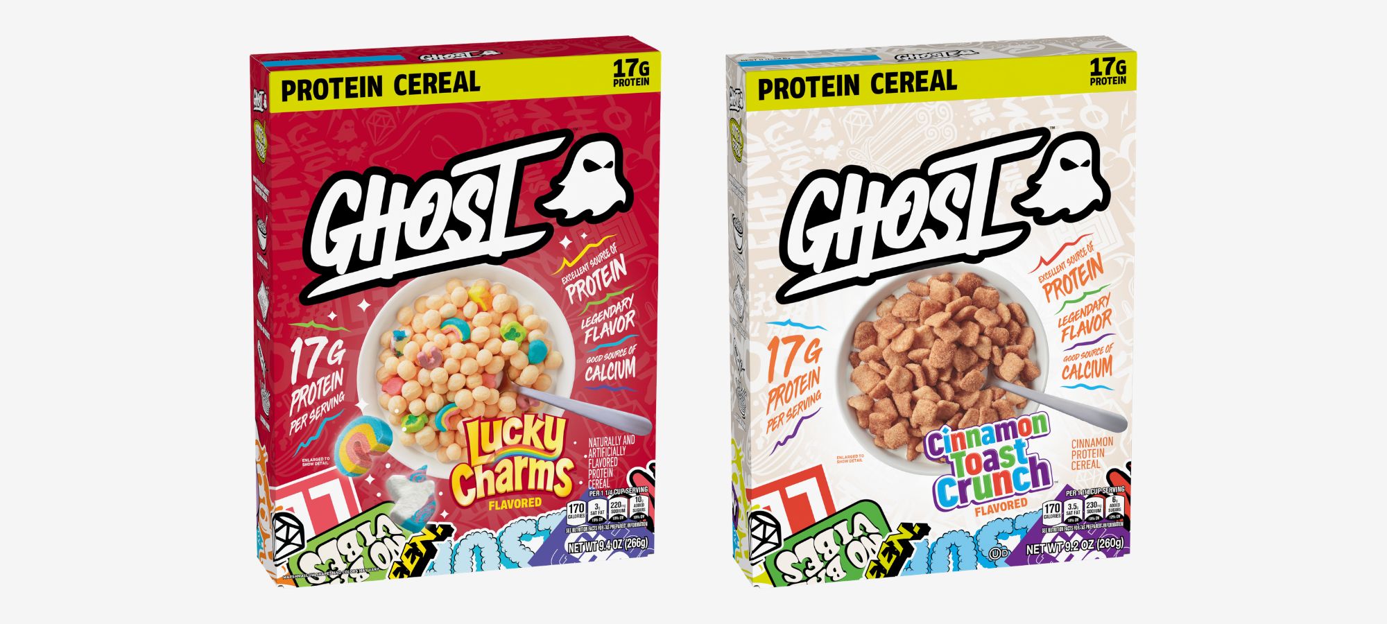 ​​Boxes of GHOST® PROTEIN CEREAL x CINNAMON TOAST CRUNCH™ and GHOST® PROTEIN CEREAL x LUCKY CHARMS™ on a white background.