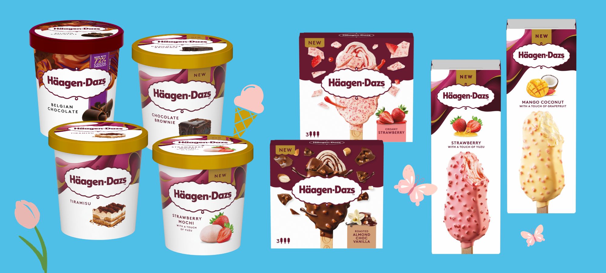 Häagen-Dazs Ice Cream arranged on a bright blue background with flower and butterfly infographics for spring.